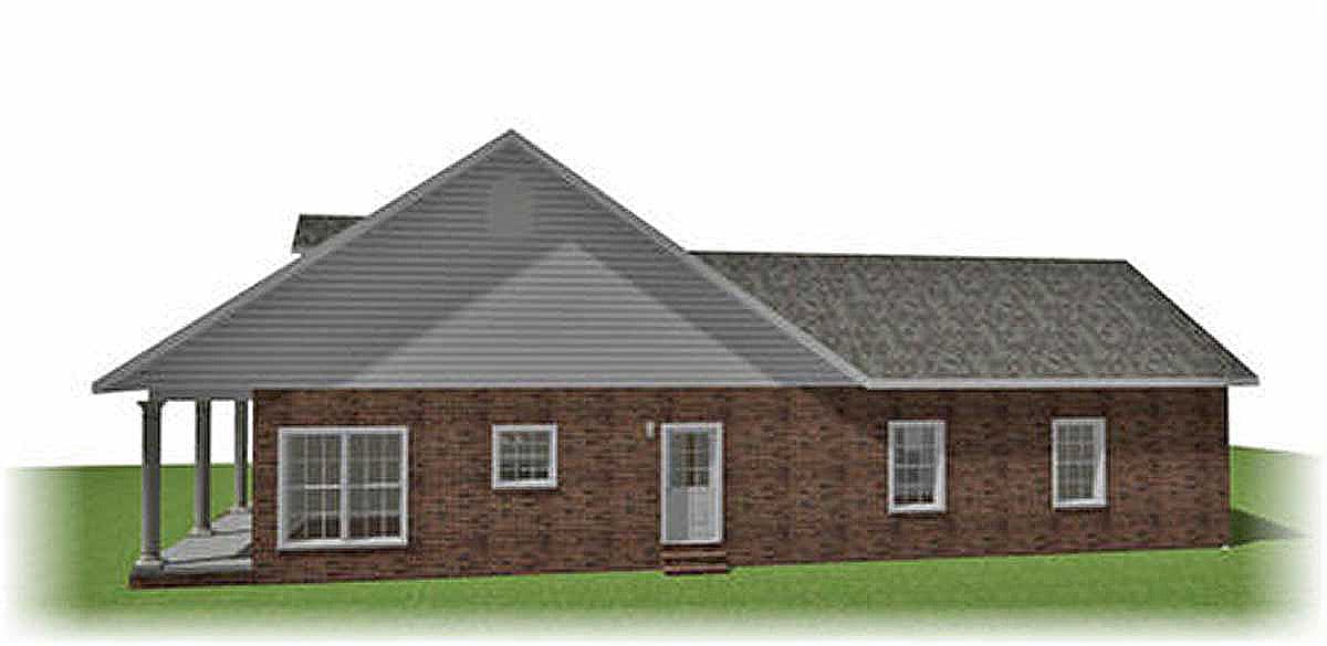 House plan exterior: One-story brick house with a prominent gable, covered porch with columns, and asphalt shingle roof.