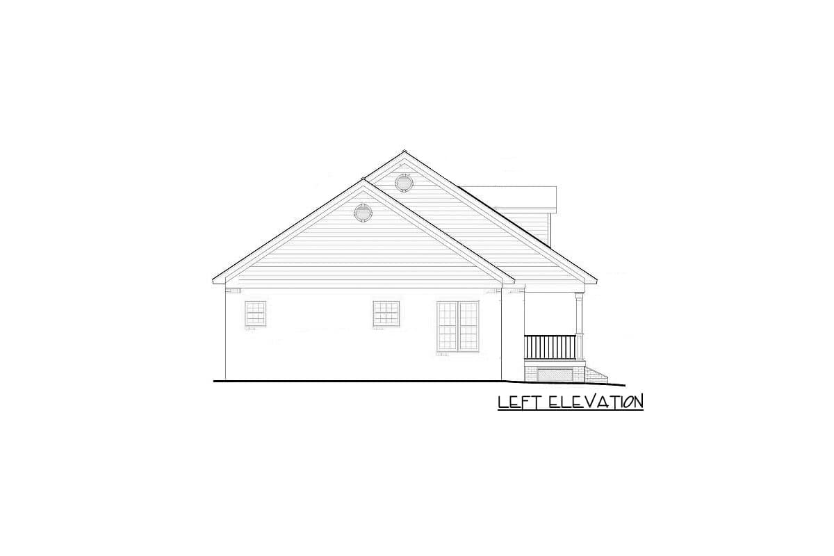 House plan left elevation showing gabled roof, porch with railing, and multiple windows.