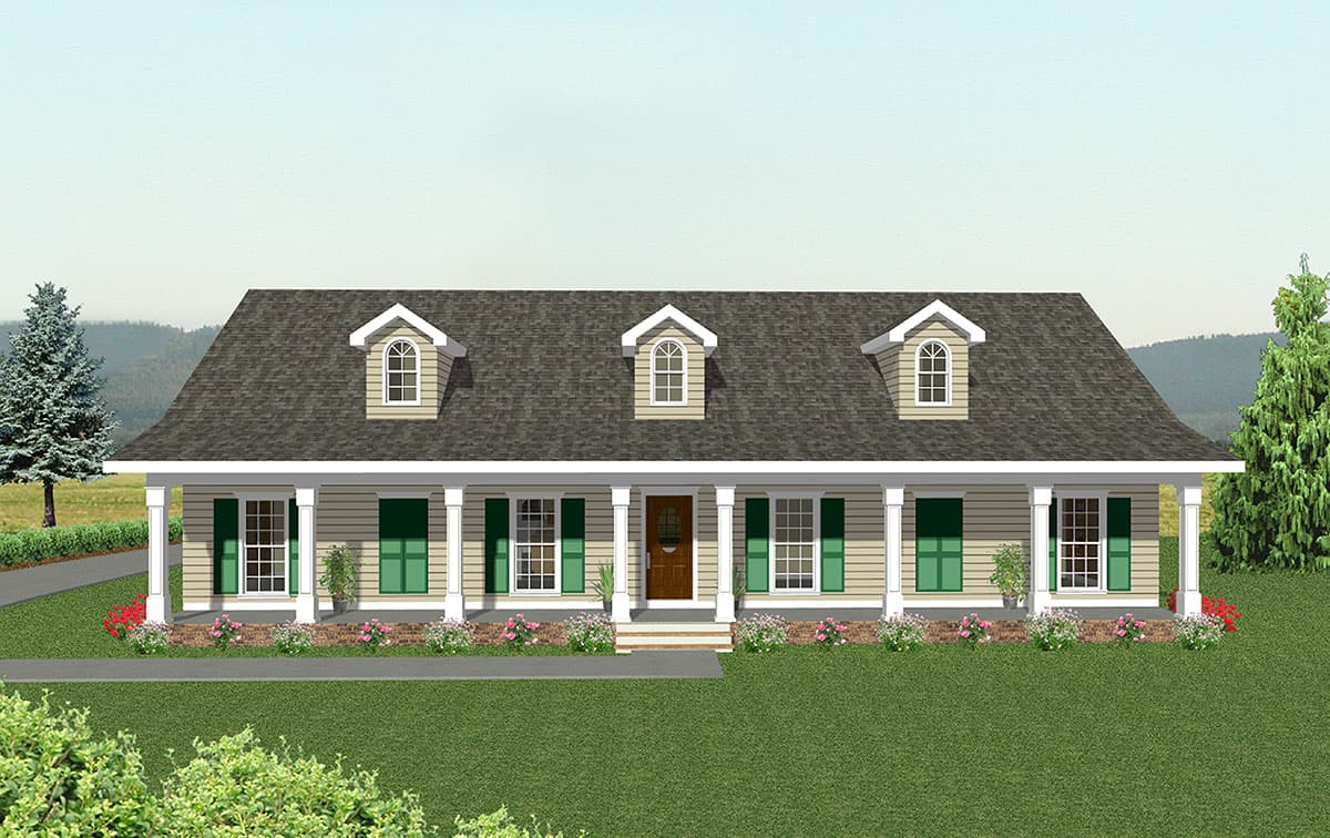 House plan exterior: Ranch style, one story, full-width covered porch with columns, three dormers.