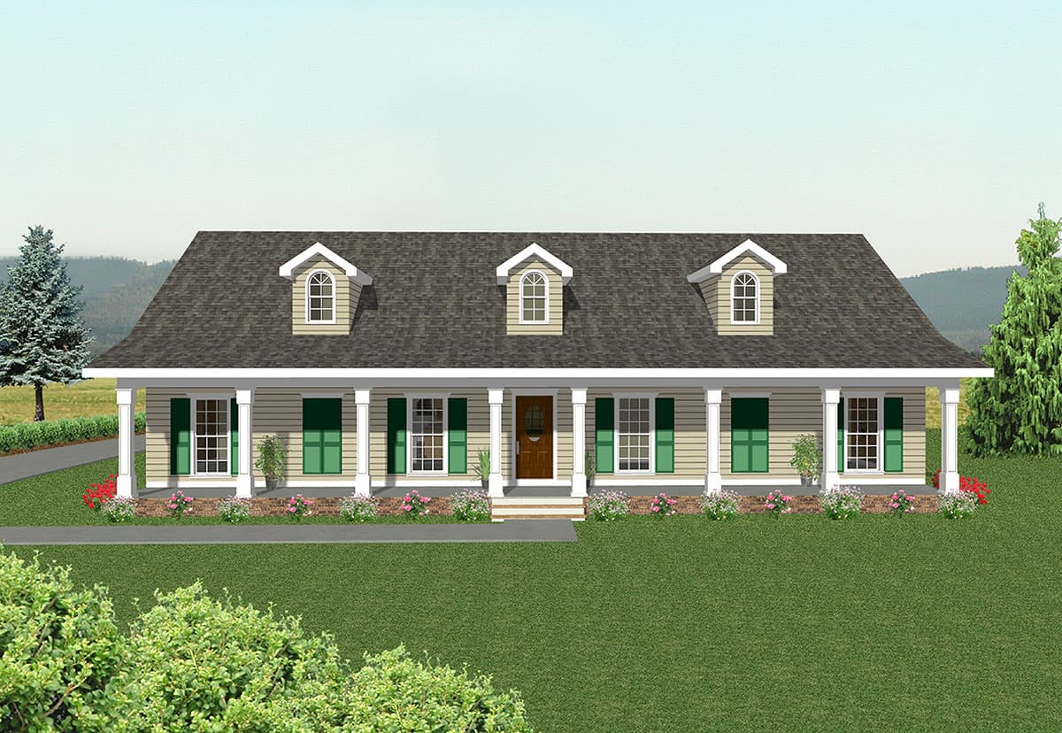 House plan exterior of a one-story ranch with a full-length front porch, dormers, and central entryway.
