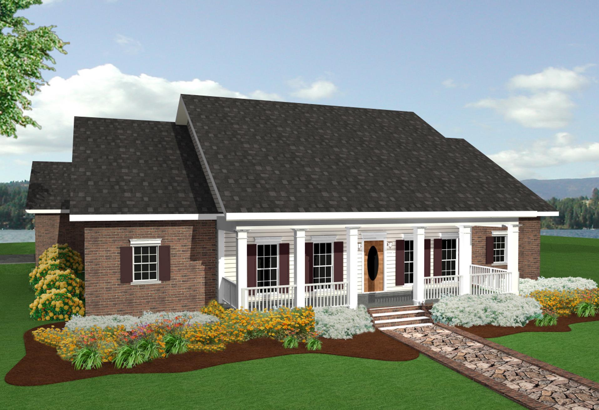 House plan exterior: One-story ranch with brick facade, covered front porch with white columns, and gabled rooflines.