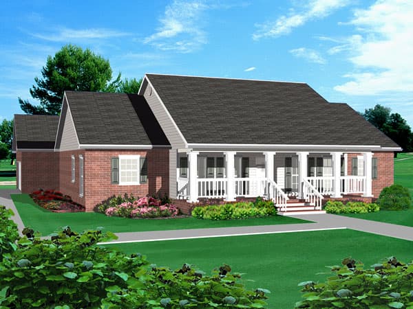House plan exterior: one-story brick house with a prominent front porch, multiple gables, and attached garage.