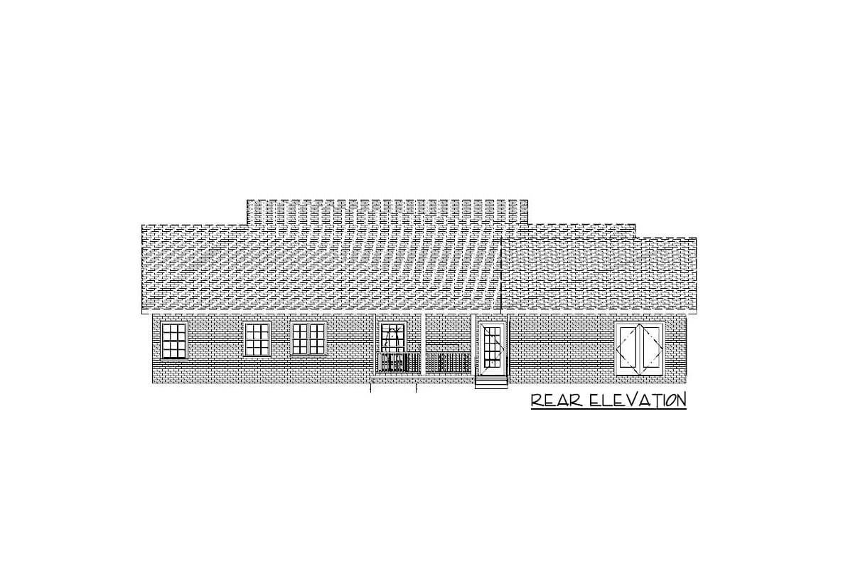 Rear elevation drawing of a house with brick siding, a covered porch with railing, and multiple windows.