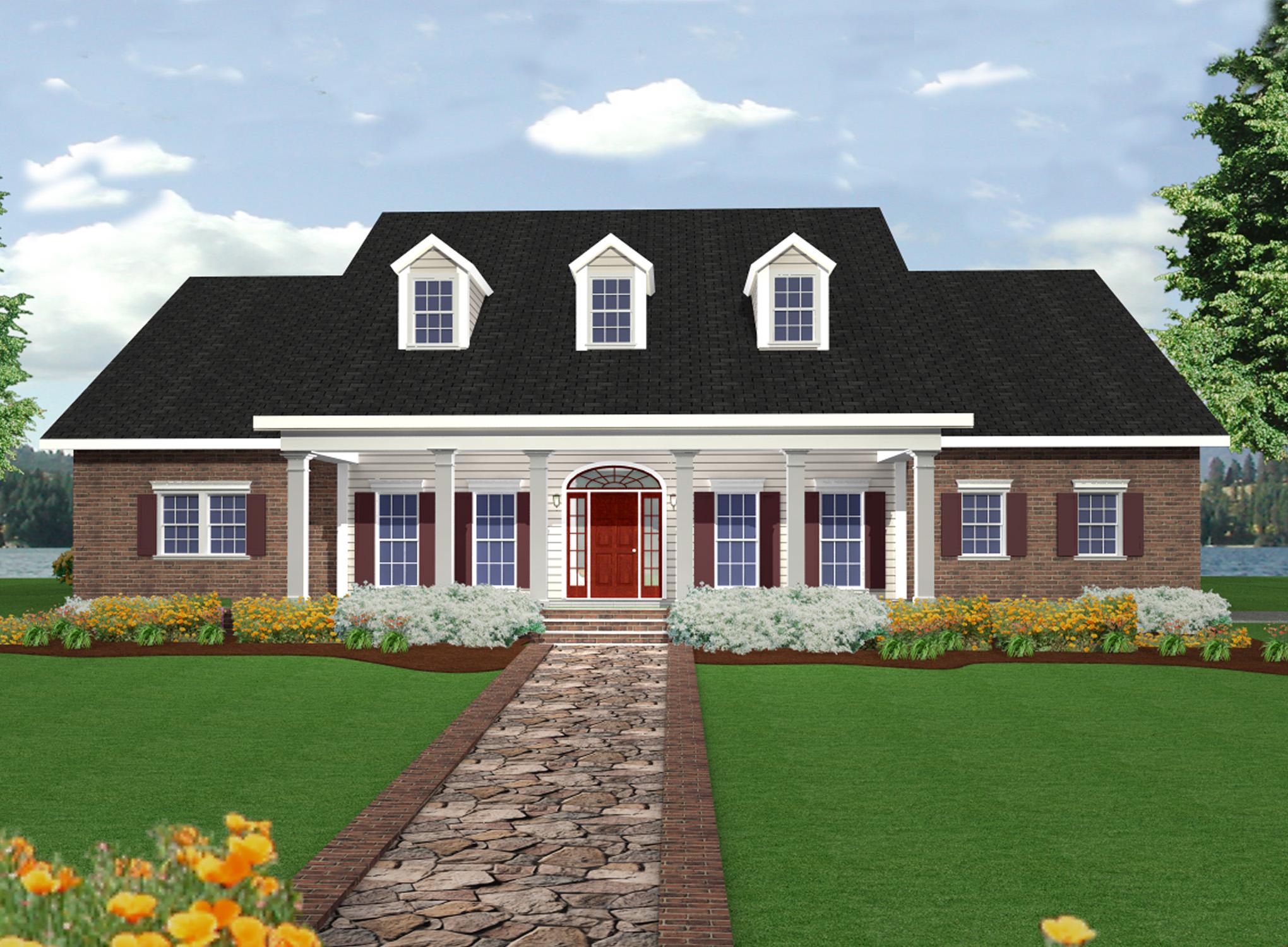 House plan exterior: Two-story brick home with a central covered porch, arched entryway, and three dormers.
