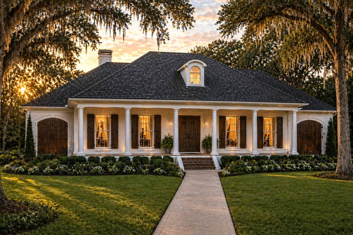 House plan exterior: single-story home with a covered porch, central dormer, and double entry doors.
