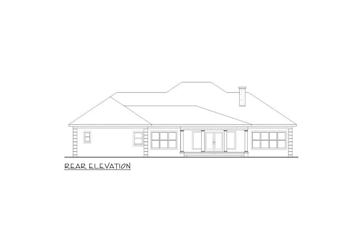 Rear elevation drawing of a single-story house plan with a covered porch, double doors, and a chimney.