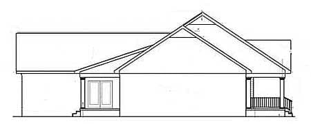 House plan elevation drawing showing a single-story home with a covered front porch, double doors, and intersecting gabled rooflines.