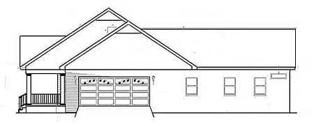 Front elevation drawing of a one-story house plan with a covered porch and a two-car garage.