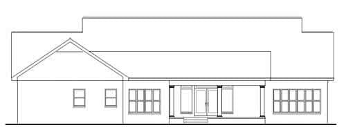 House plan elevation drawing showing a single-story rear facade with a covered porch, double doors, and multiple windows.