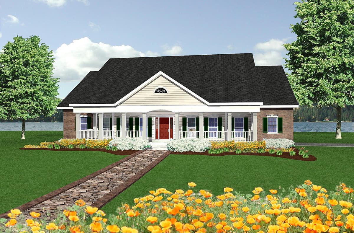 House plan exterior: one-story home with full wrap-around porch, prominent gable with semi-circular vent, and brick accents.