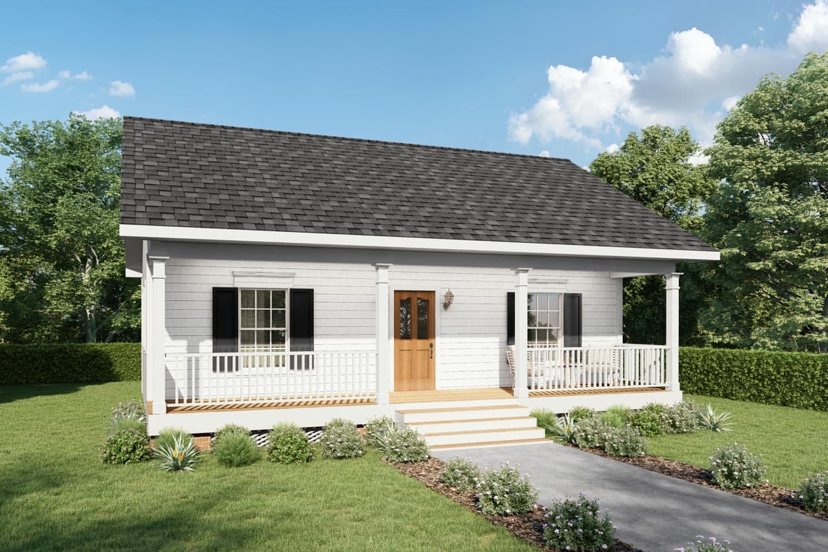 House plan exterior. One-story Cottage style home with front porch, gabled roof, and symmetrical window placement with shutters.