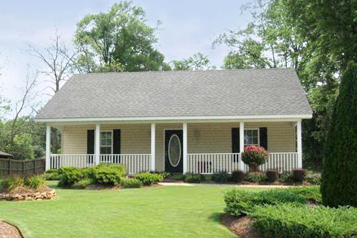 House plan exterior: Single-story ranch with full-width covered porch, central entry, and gable roof.