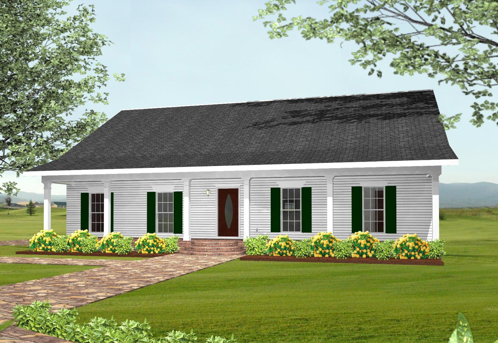 House plan exterior: One-story ranch with full-width covered porch, gable roof, and central entry with oval-light door.