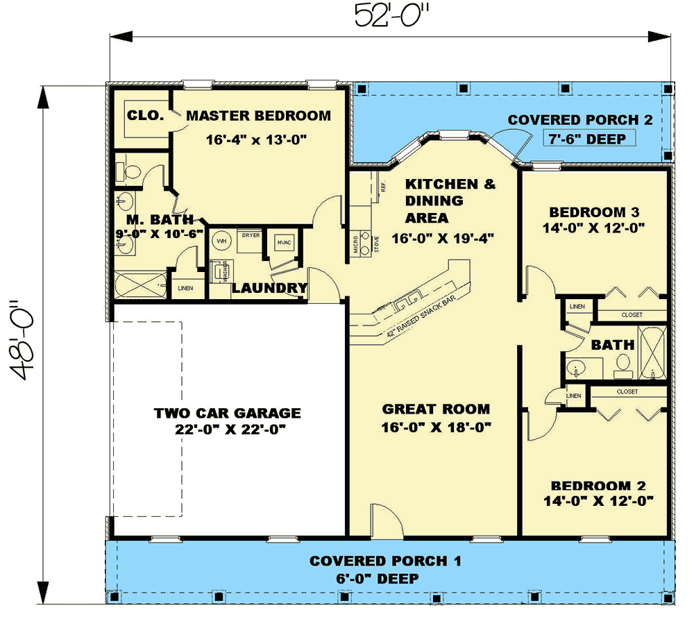 Plan 2515DH: Southern Home Plan with Two Covered Porches - 1500 Sq Ft - Floor Plan - Main Level - Country, Ranch, Traditional