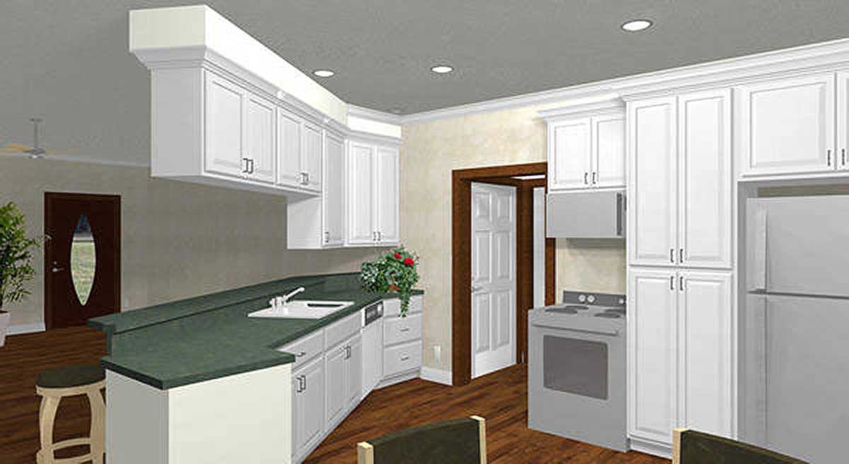 Kitchen rendering with white cabinets, dark green countertops, sink, range, refrigerator, and doorway.