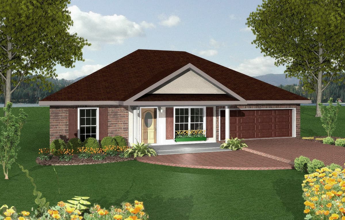 House plan exterior: Single-story brick home with a gabled front, covered entry, and attached two-car garage.