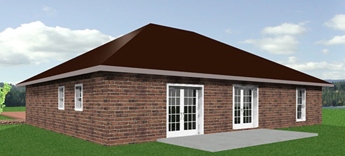 House plan exterior: One-story brick home with hipped roof, two sets of French doors, and three rectangular windows.