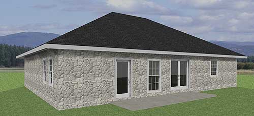 House plan exterior rendering of a one-story home with stone veneer siding, a dark asphalt shingle roof, and a patio.
