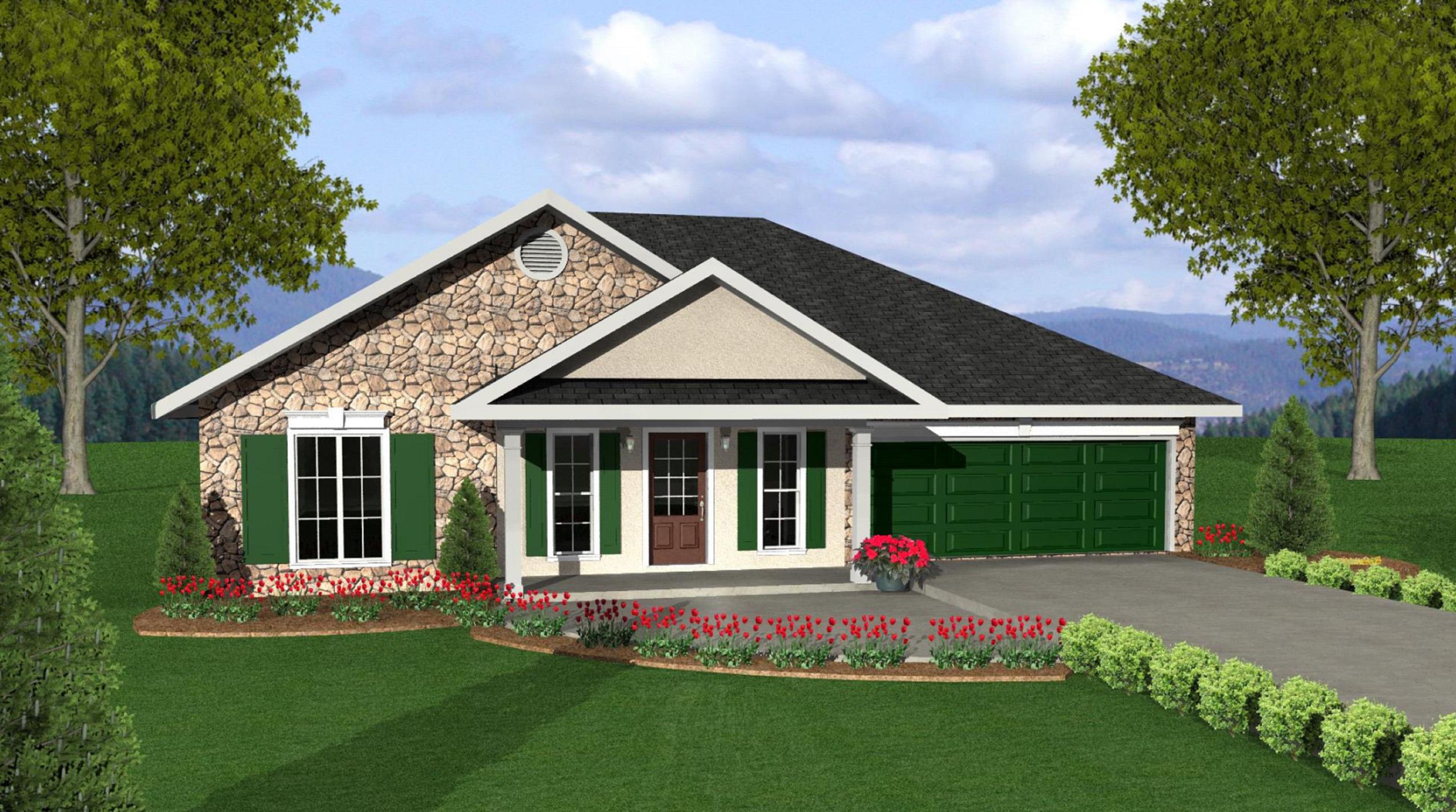 House plan exterior: Single-story ranch with stone facade, covered entry, and attached two-car garage.