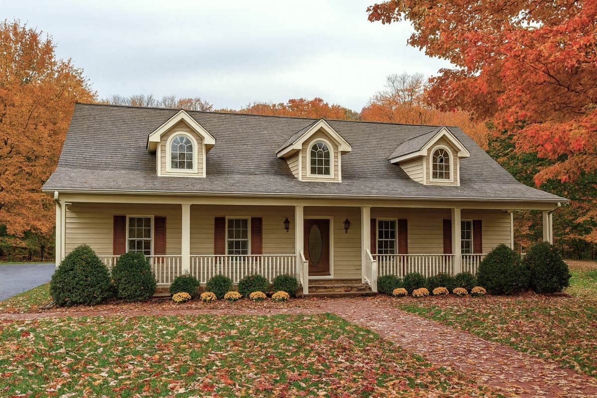 House plan exterior: Ranch style with a full-length covered porch, three dormers with arched windows, and tan siding.