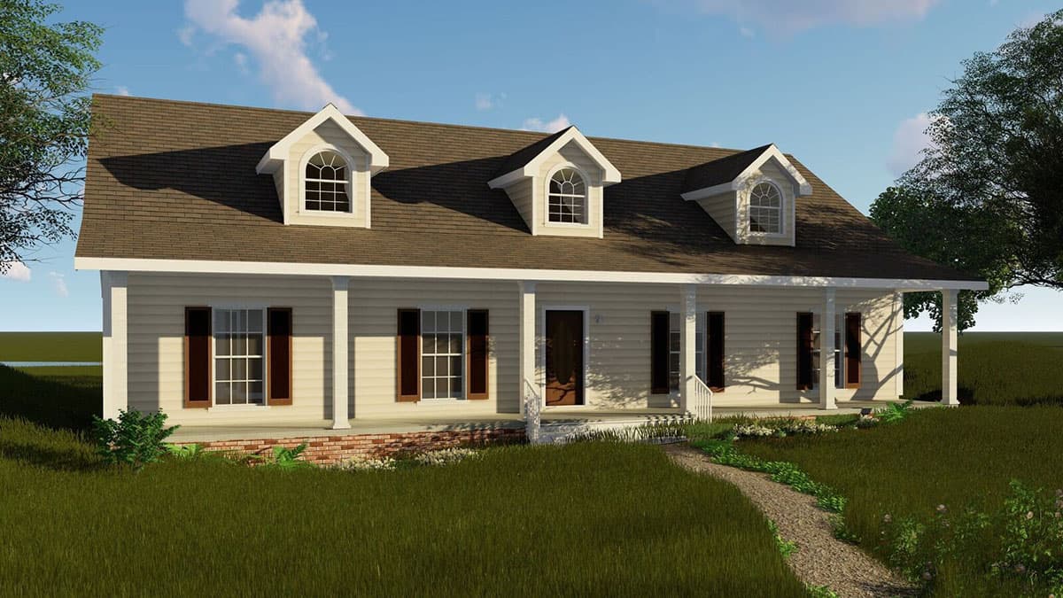 House plan exterior featuring a covered front porch, three arched dormers, and siding.