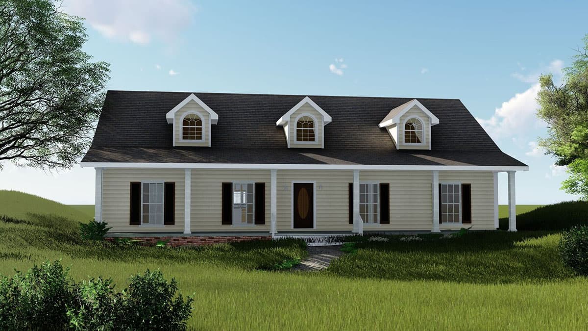 House plan exterior: One-story house with a full-width porch supported by white columns, three dormers on the roof, and siding.