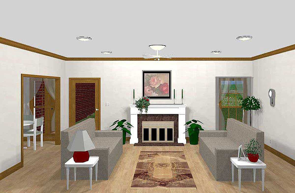 Living room with fireplace, two sofas, and doors to other rooms. Floor plan rendering.