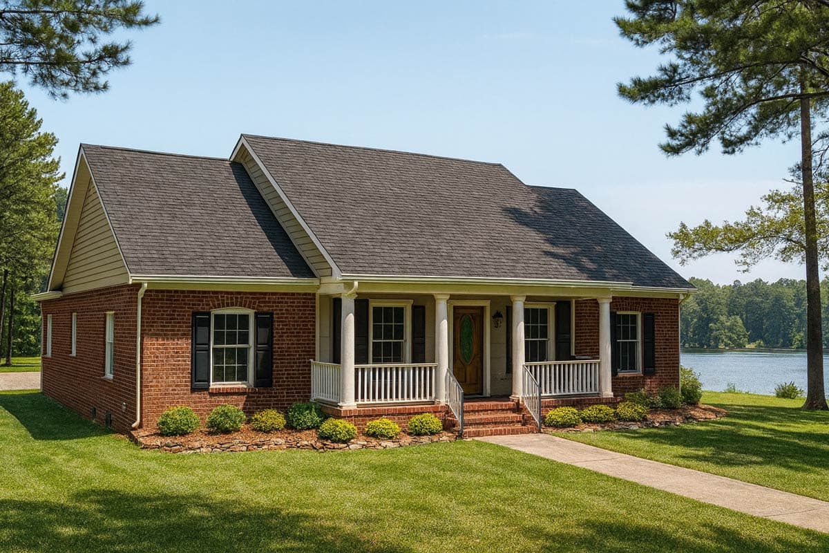 House plan exterior: One-story brick house with covered porch, white columns, gable dormers, and asphalt shingle roof.