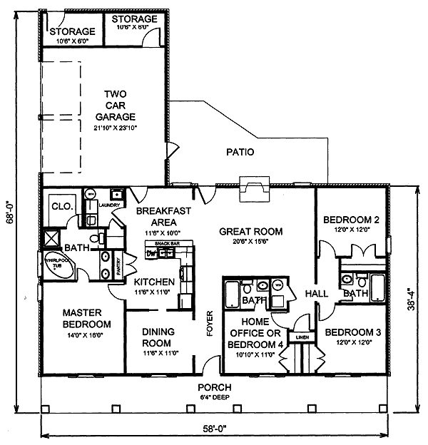 Plan 2521DH: Classic Southern with a Hip Roof - Floor Plan - Main Level - Country, Southern