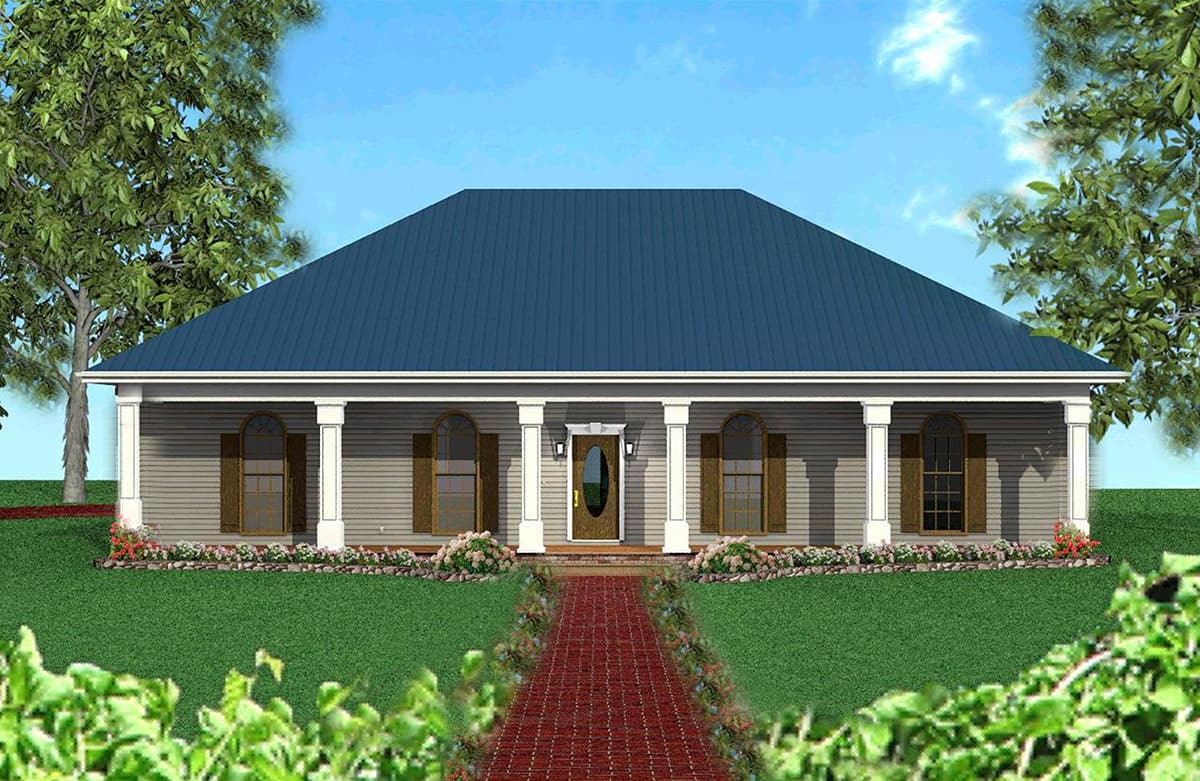 House plan exterior: One-story home with a wide front porch supported by columns, a central entry, and arched windows.