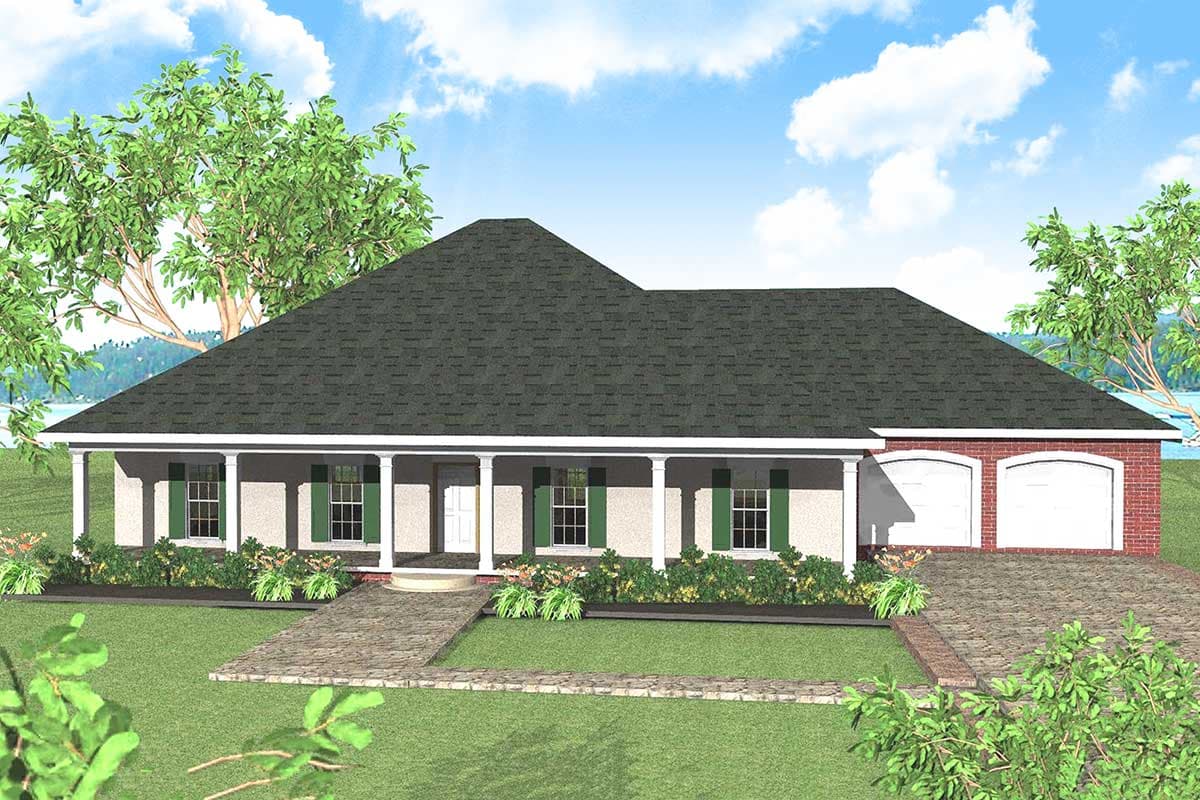 House plan exterior: Single-story ranch with a full-width covered porch, multiple gables, and an attached side-entry two-car garage.