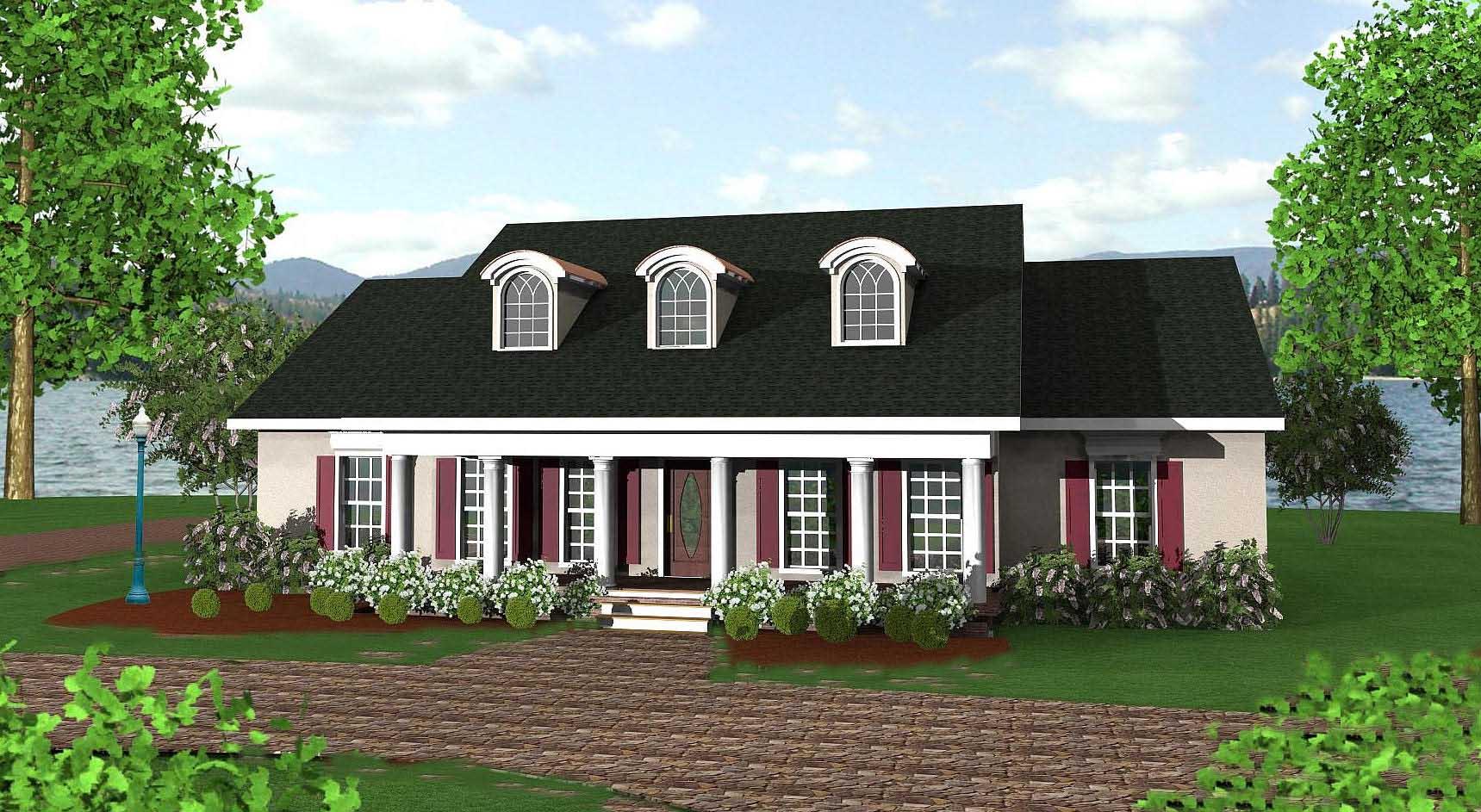 House plan exterior of a two-story home with a covered porch supported by columns and arched dormer windows.