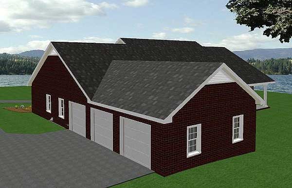 House plan exterior: One-story brick building with three garage doors, multiple gables, and asphalt shingle roof.