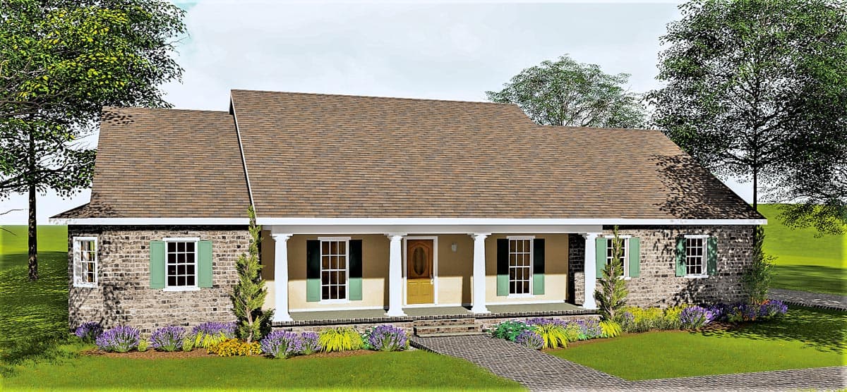 House plan exterior. Ranch-style home with a front porch supported by columns. Features include brick facade, and gabled roofline.