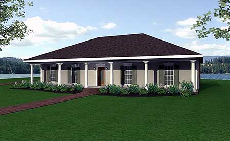 House plan exterior of a single-story home with a covered front porch supported by columns, shutters, and a prominent roofline.