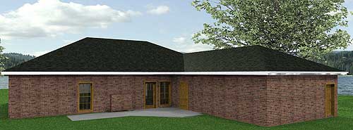 House plan exterior: One-story brick home with a hip roof, double doors, and a single garage door.