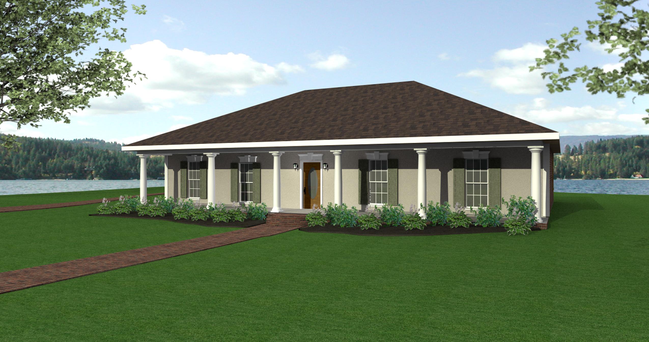 House plan exterior: single-story home with a wide covered porch supported by columns, double-hung windows with shutters, and a prominent gabled roof.