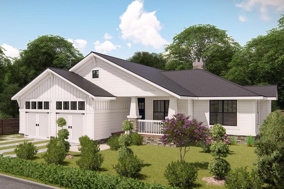 House plan exterior. One-story Modern Farmhouse with gables, front porch, and garage with carriage-style doors. White siding, dark roof.
