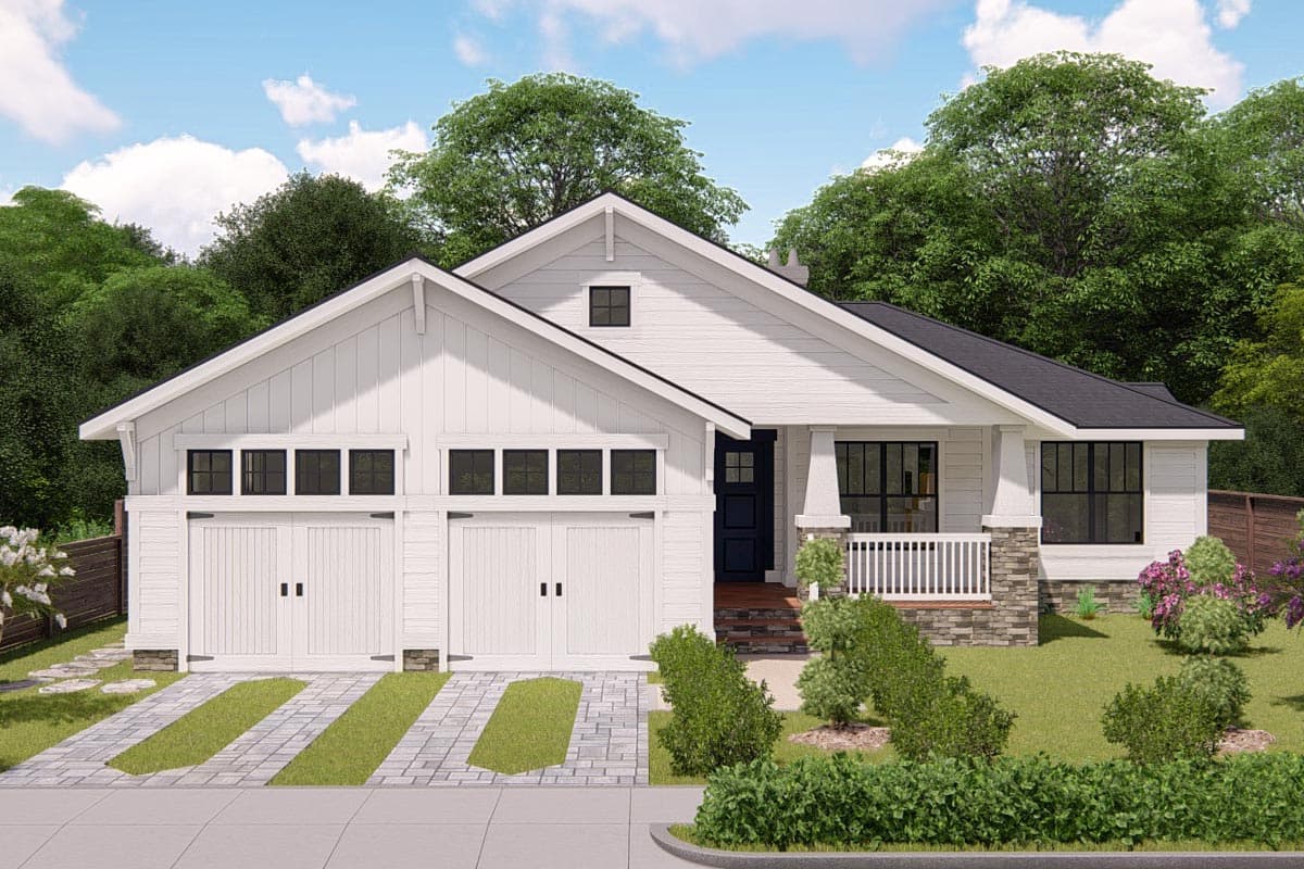 Modern Farmhouse house plan exterior with two-car garage, front porch, stone accents, and board and batten siding.