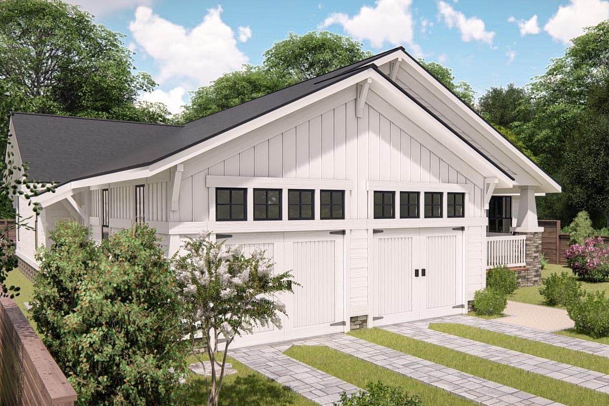 Modern Farmhouse house plan exterior with a white board and batten facade, gable roof, and a three-car garage.