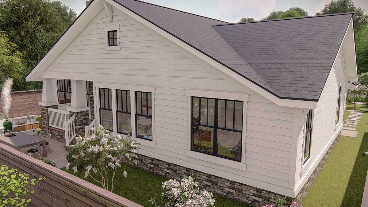 House plan exterior: Modern Farmhouse style, one story, with gabled roof, white siding, stone foundation, and covered front porch.