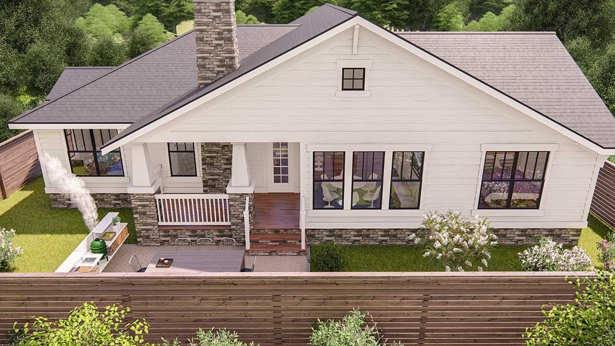House plan exterior: Modern Farmhouse style, one story, with stone accents, front porch, large windows, and gabled roofline.