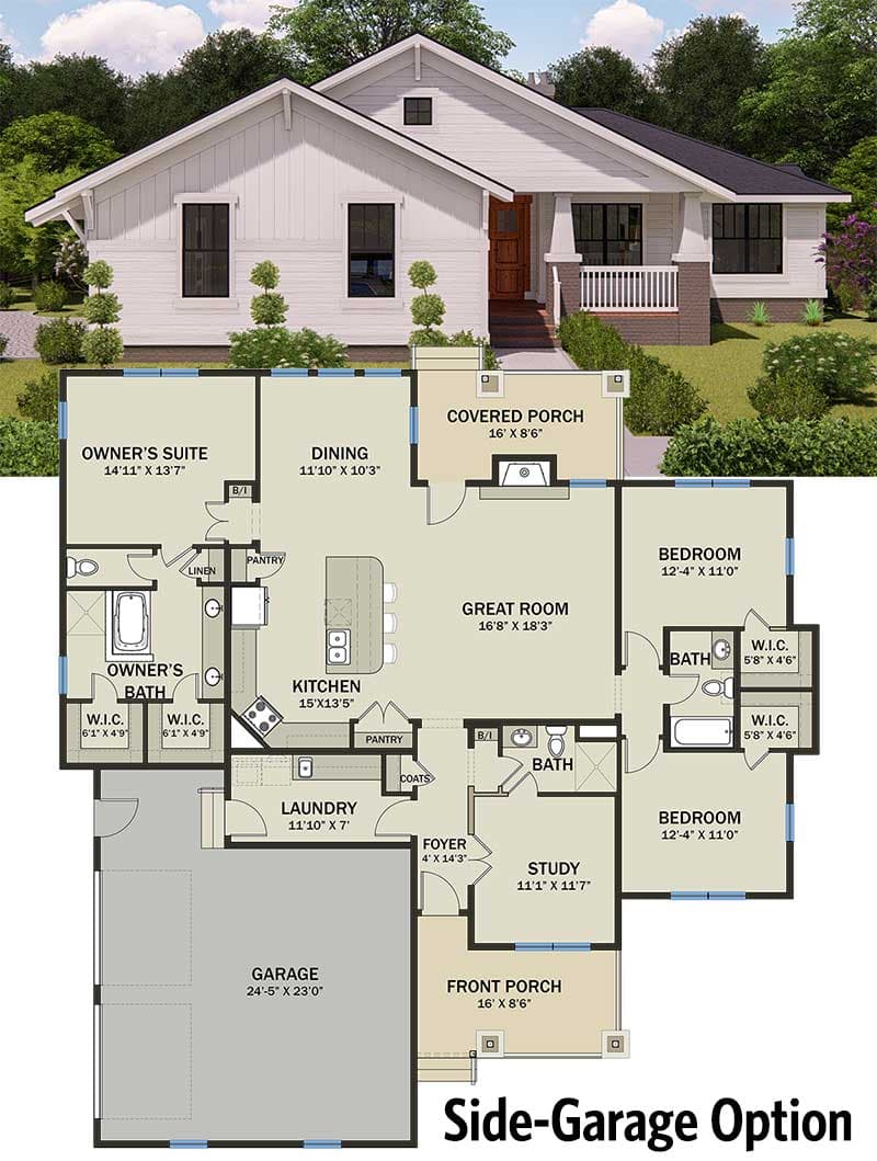 Plan 25402TF: 2000 Square Foot Country Craftsman Cottage House Plan with Home Office or Study - Floor Plan - Side-Garage Option - Cottage, Country, Craftsman, New American