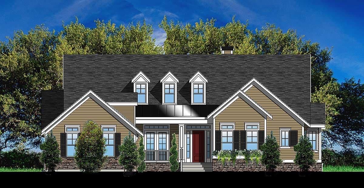 House plan exterior: Traditional style with a covered porch, three dormers, and prominent gables.
