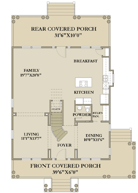 Plan 25404TF: Charming Triple Decker - Floor Plan - Main Level - Colonial, Farmhouse, Traditional