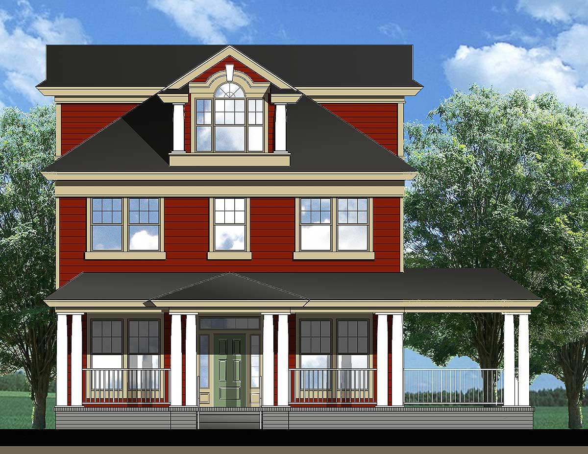 House plan exterior showing a three-story red house with a wraparound porch, dormer, and central arched window.