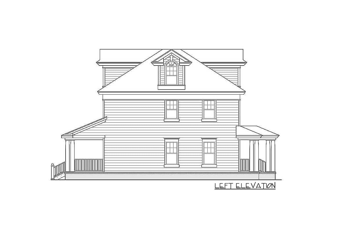 Left elevation drawing of a two-story house with a front-facing gable, dormer, and wrap-around porch.