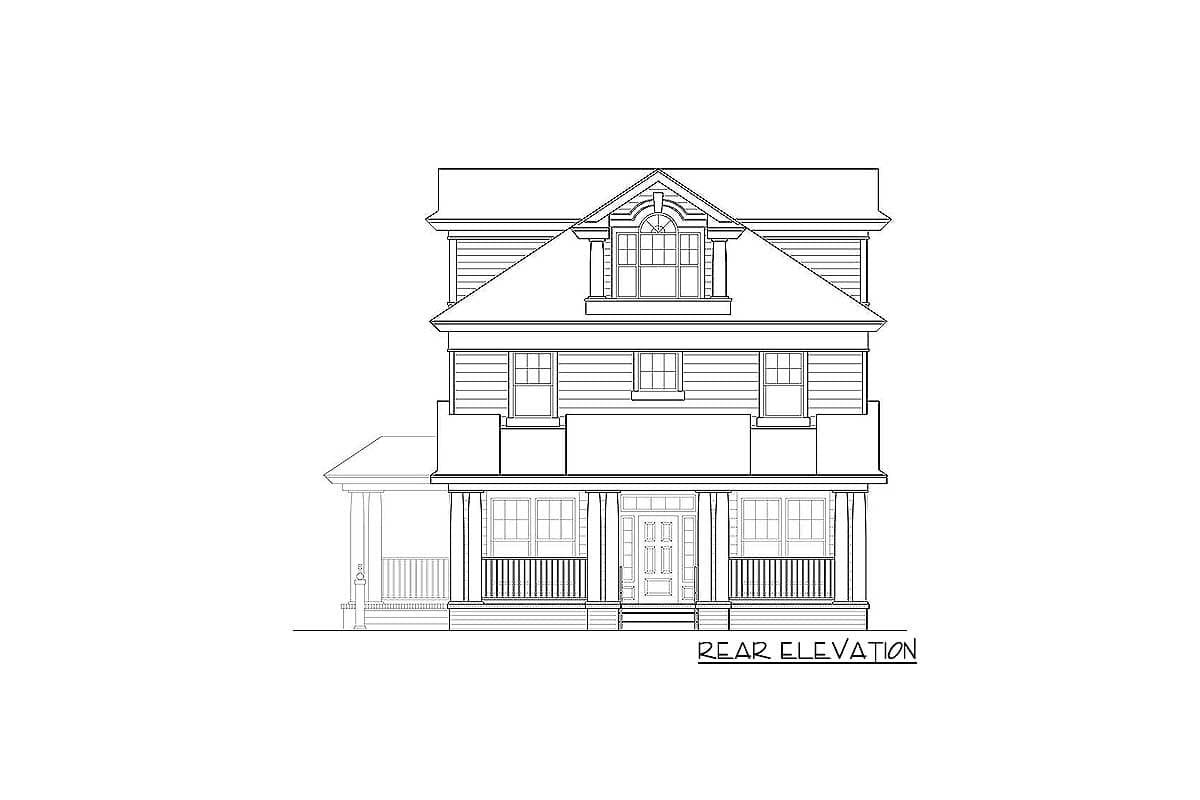 Rear elevation drawing of a two-story house with a wraparound porch, gables, and dormer.