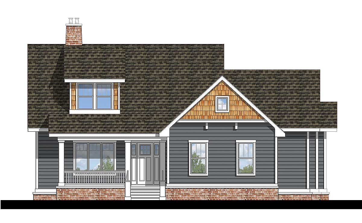 House plan exterior. Craftsman style with two stories, gabled roof, front porch with columns, dormer, and a brick chimney.