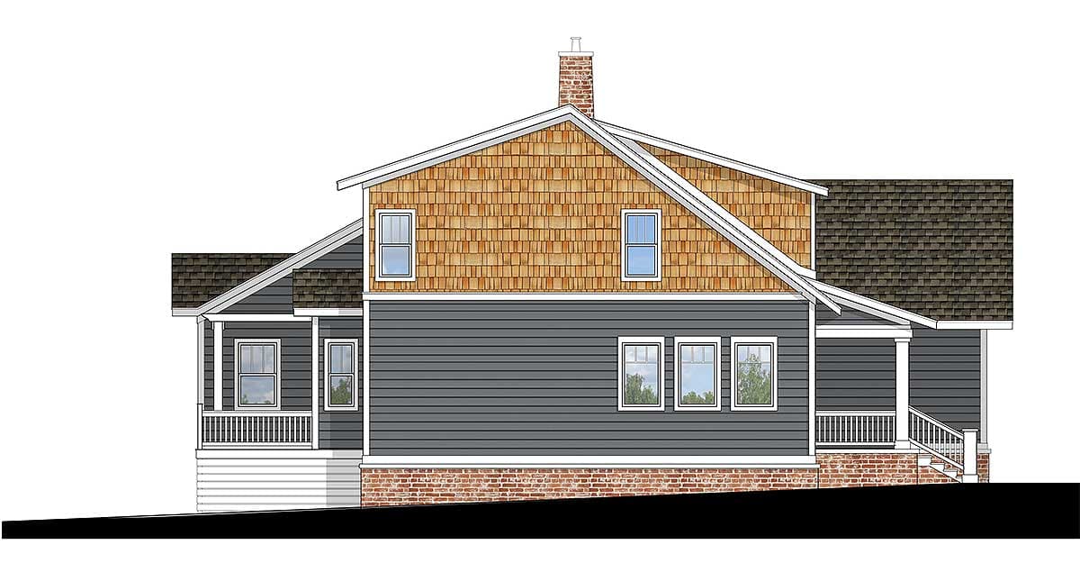 House plan exterior: Two-story home with shingle siding, pitched rooflines, dormers, and front-facing porch with railings.